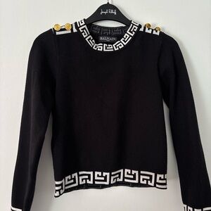 Balmain Black Top with White Greek Key Pattern